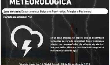 ALERTA POR TORMENTAS FUERTES PARA CUATRO DEPARTAMENTOS DE LA PROVINCIA DE SAN LUIS