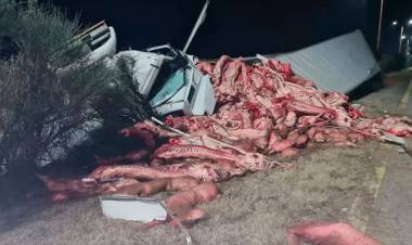 VIDEO: VOLCÓ UN CAMIÓN QUE TRANSPORTABA CARNE VACUNA A LA ALTURA DE LA LOCALIDAD SANLUISEÑA DE FRAGA Y VECINOS LO SAQUEARON