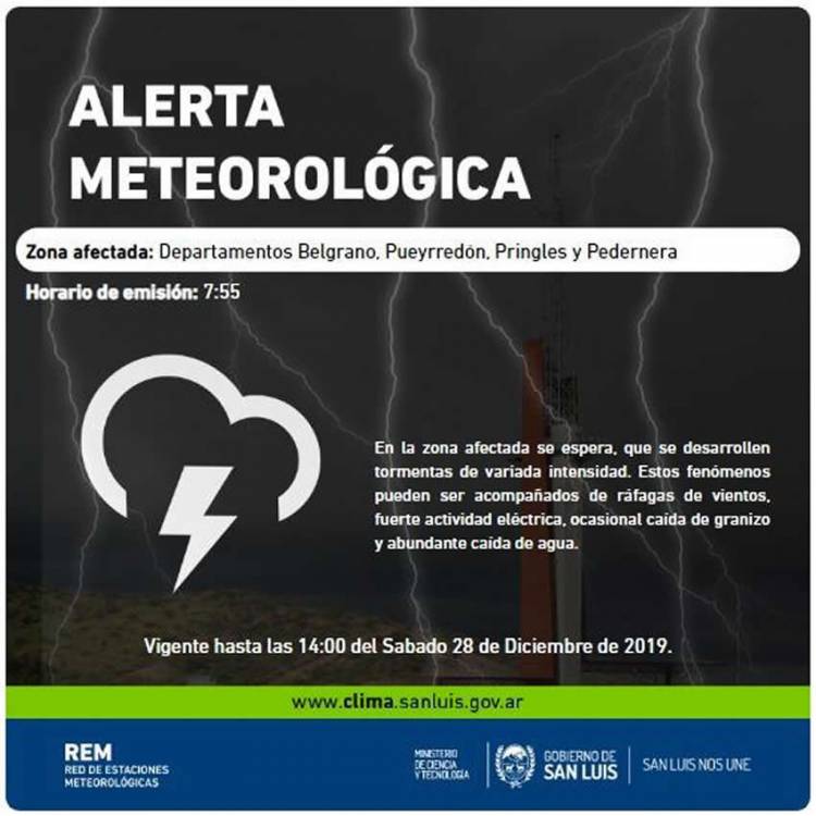 ALERTA POR TORMENTAS FUERTES PARA CUATRO DEPARTAMENTOS DE LA PROVINCIA DE SAN LUIS 